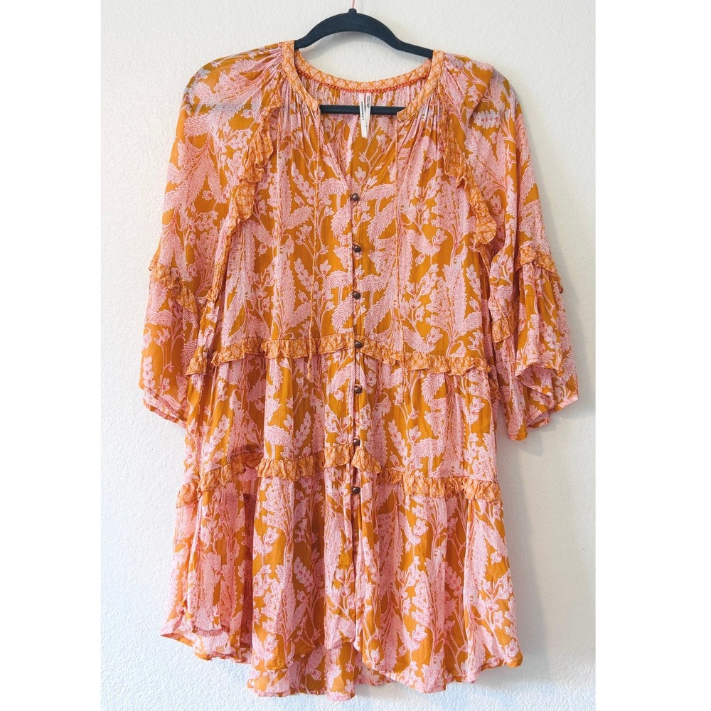 Anthropologie Boho Western Tiered Ruffle Mini Dress Orange Pink Floral SZ S